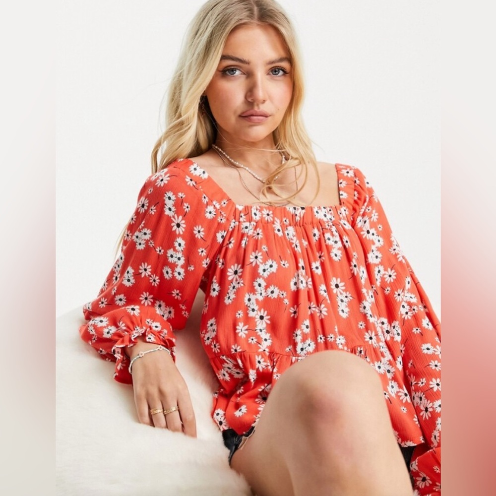 ASOS DESIGN square neck crinkle smock top in red daisy print